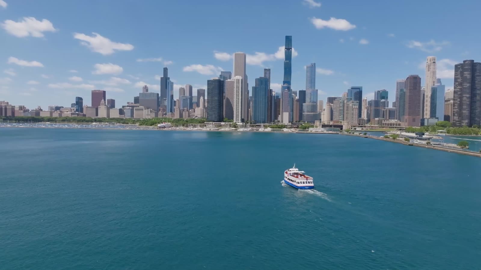 The Chicago skyline and lakefront from Lake Michigan